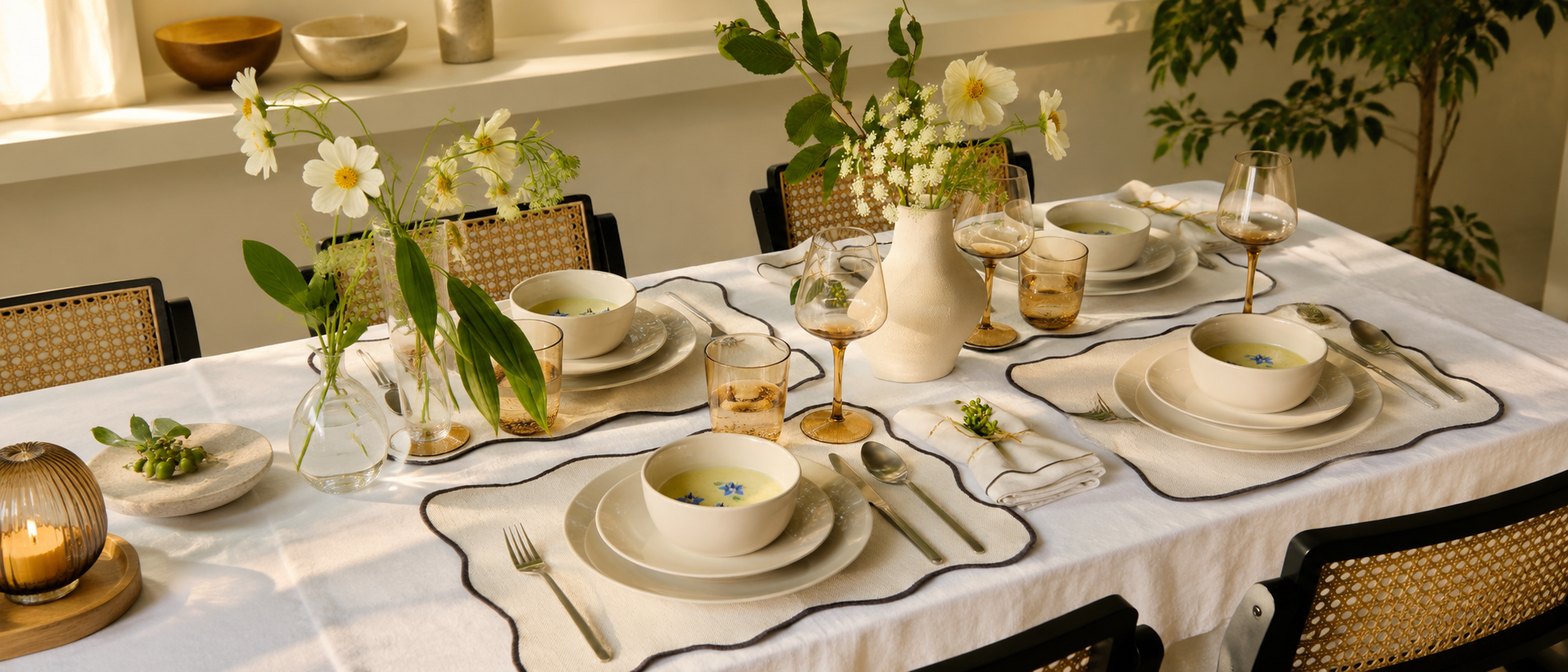 Bowls and plates prepared for a meal